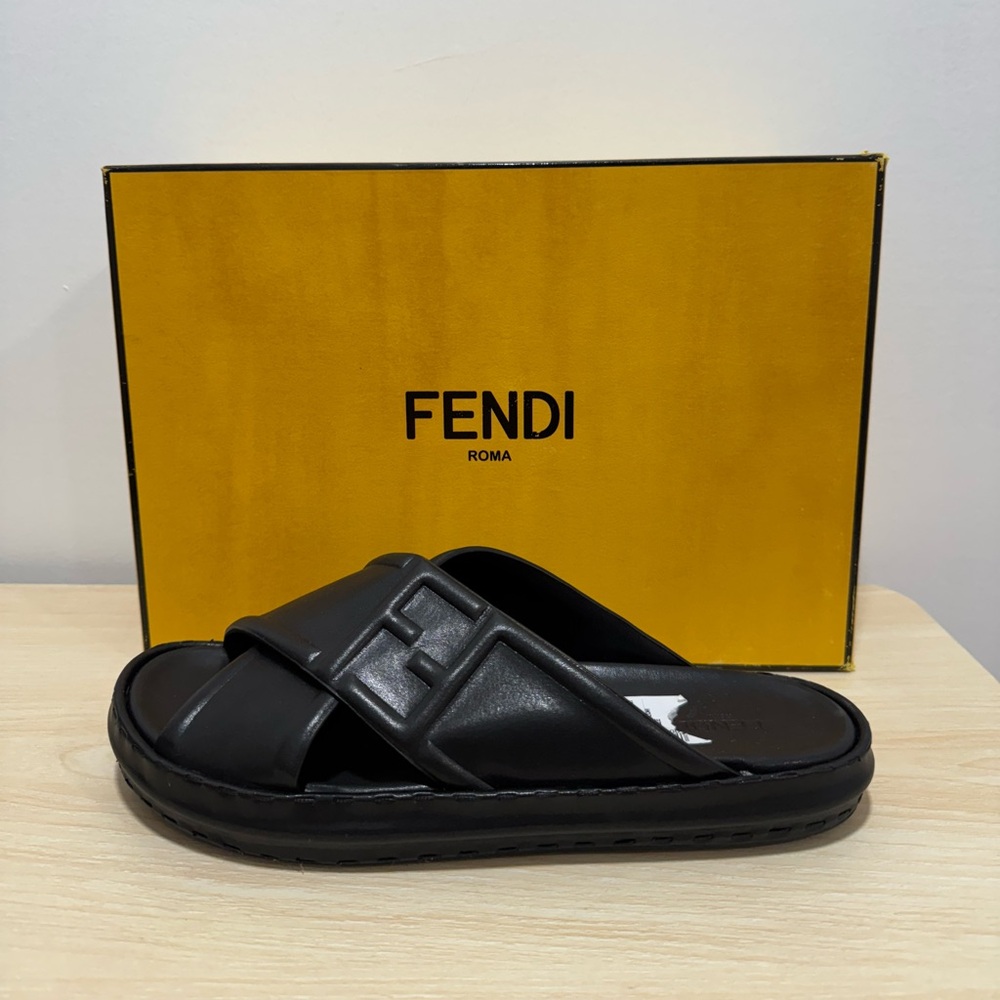 Fendi Black Leather Slide Sandals